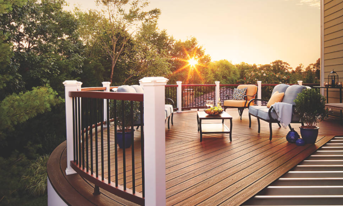 A beautiful wooden deck with patio furniture showcasing a perfect summer outdoor space in Harrisonburg.