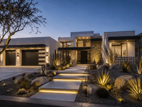 Modern luxury home at twilight with illuminated desert landscaping in Scottsdale Arizona