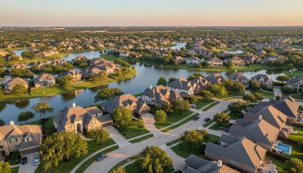 Aerial view of a Houston-area neighborhood at sunset
