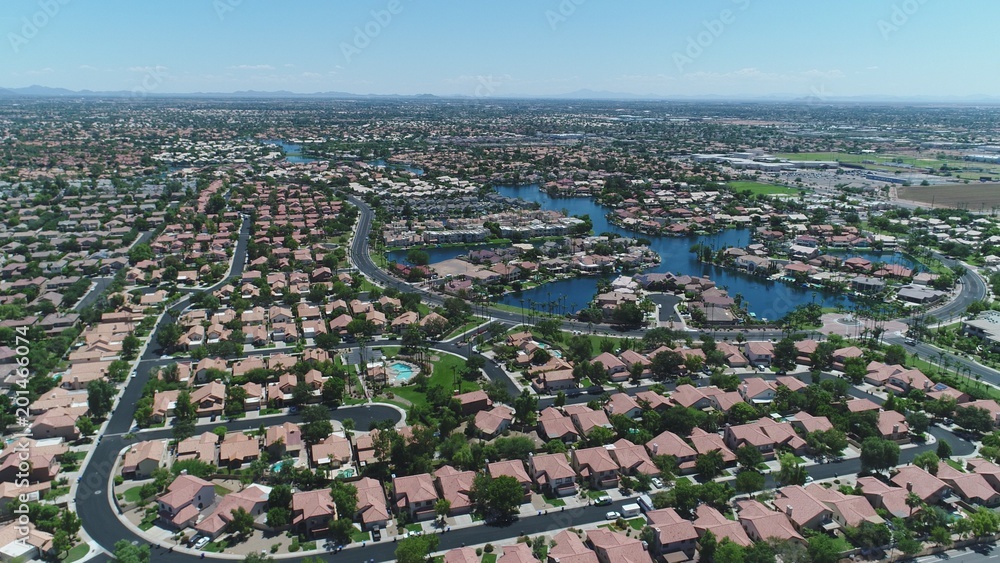 Aerial view of a lakefront residential community in the Phoenix metro area