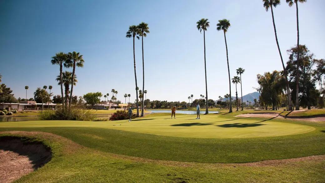 Golfers on a green lined with palm trees at a Phoenix-area golf course