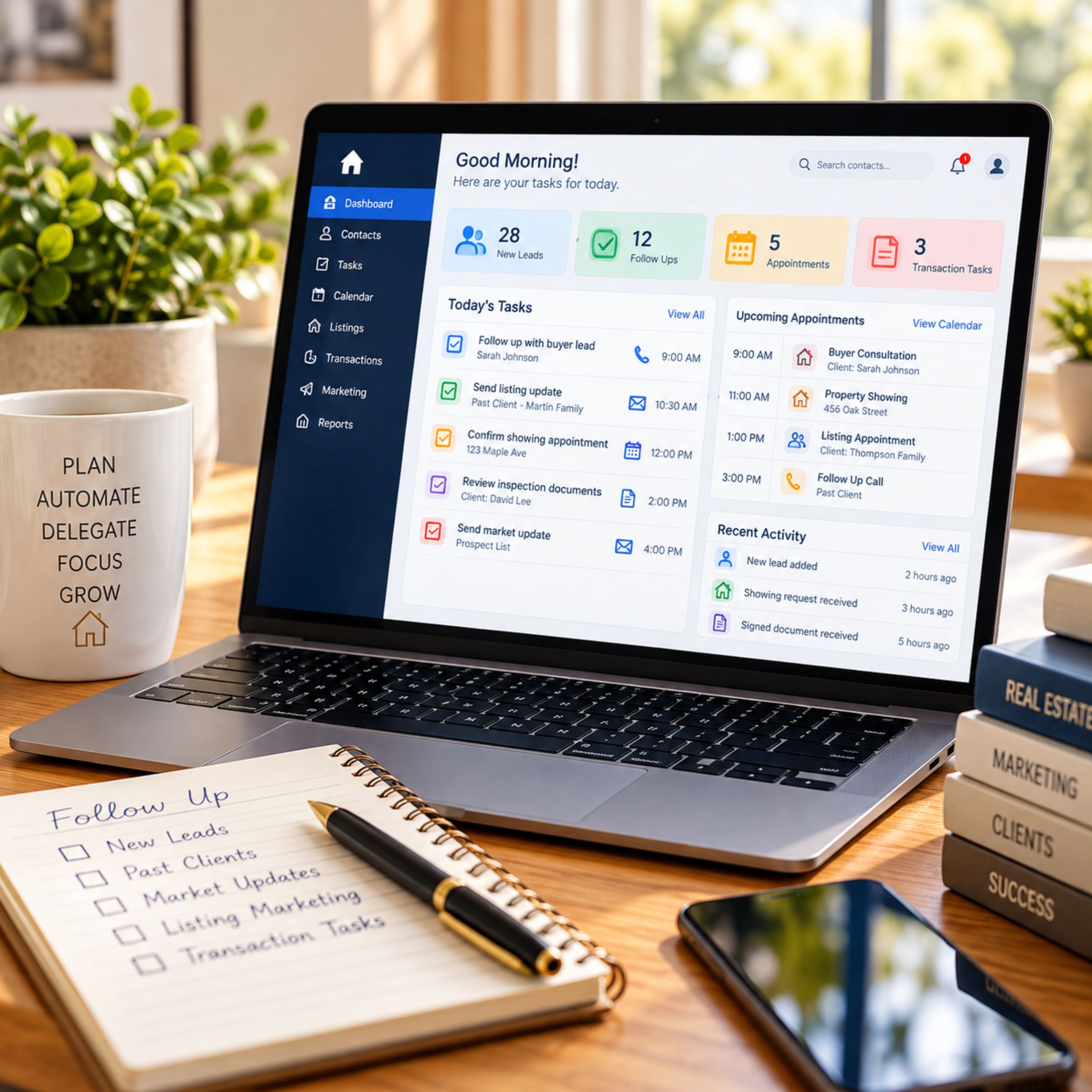 CRM task dashboard illustrating follow-up reminders and administrative workflows.