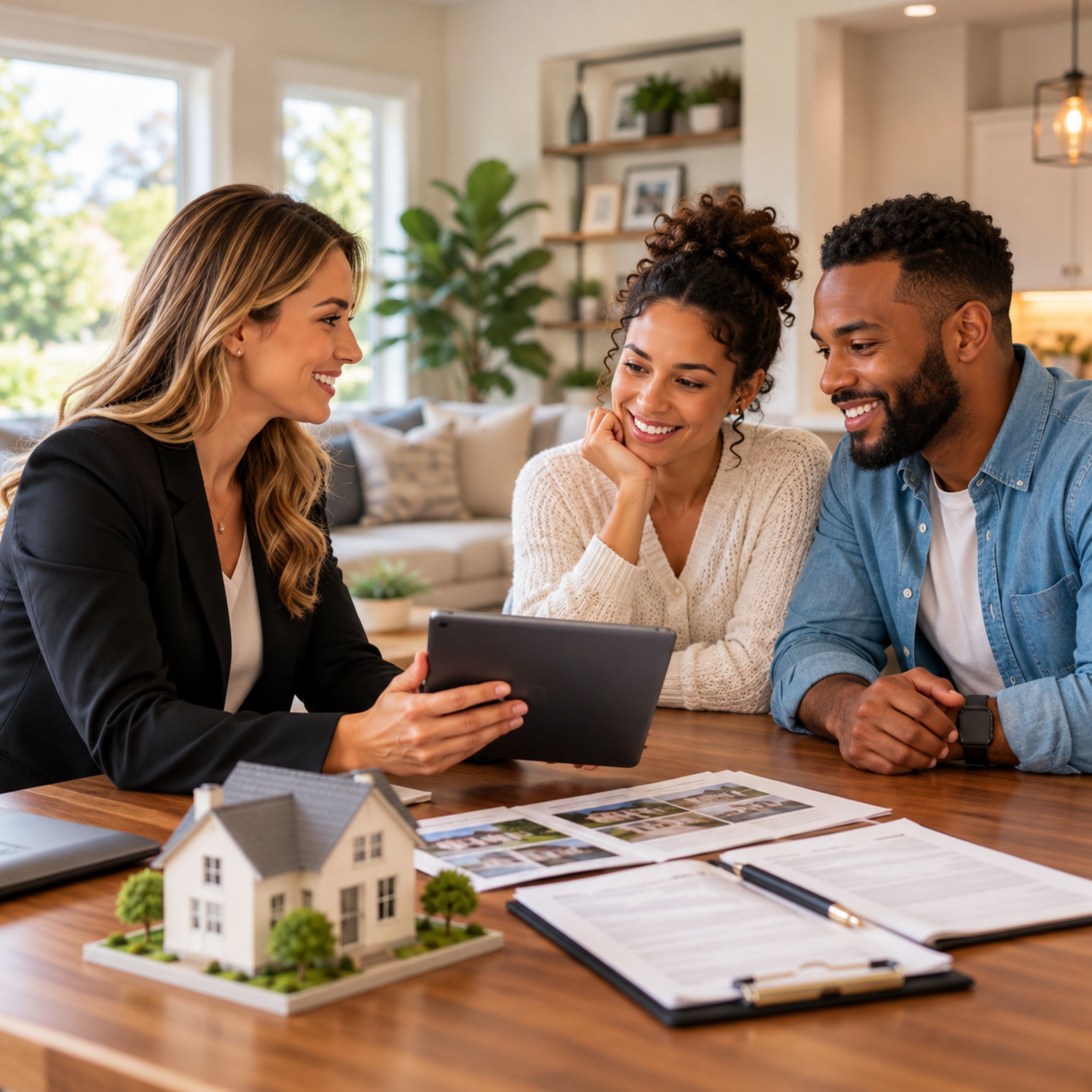 Real estate professional meeting with clients to discuss property decisions.