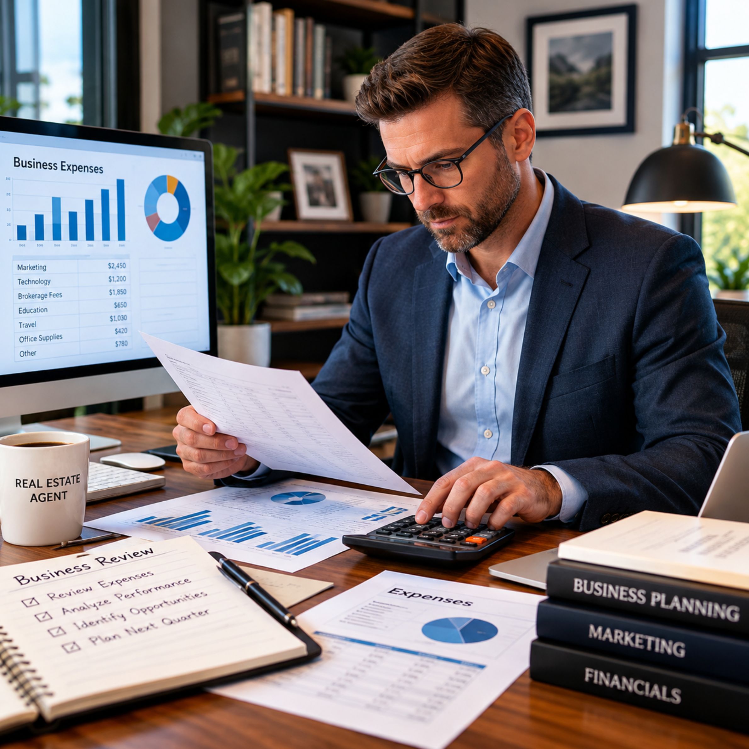 Business expense records and financial spreadsheet reviewed at a desk.