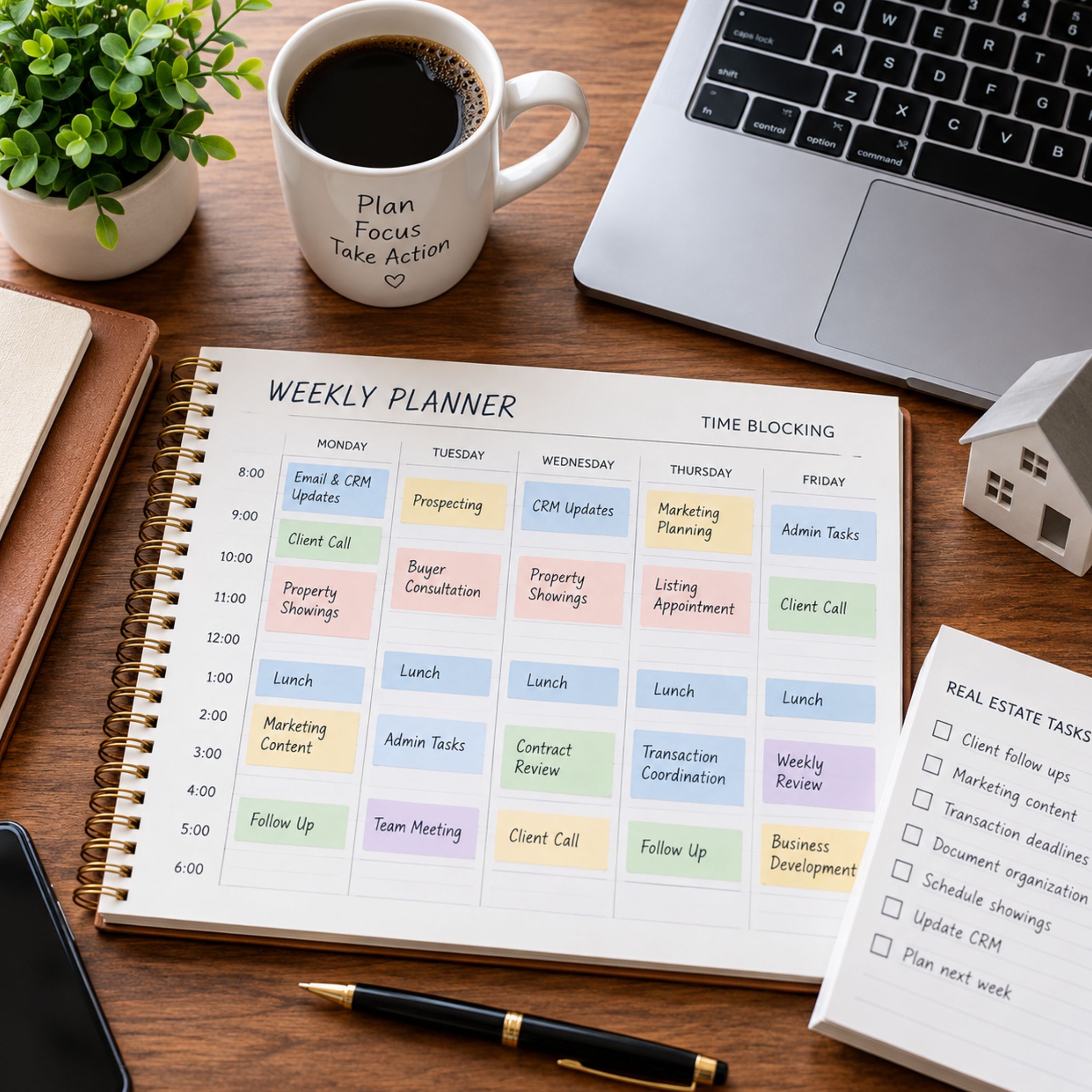 Weekly planner used to track real estate tasks and working hours.