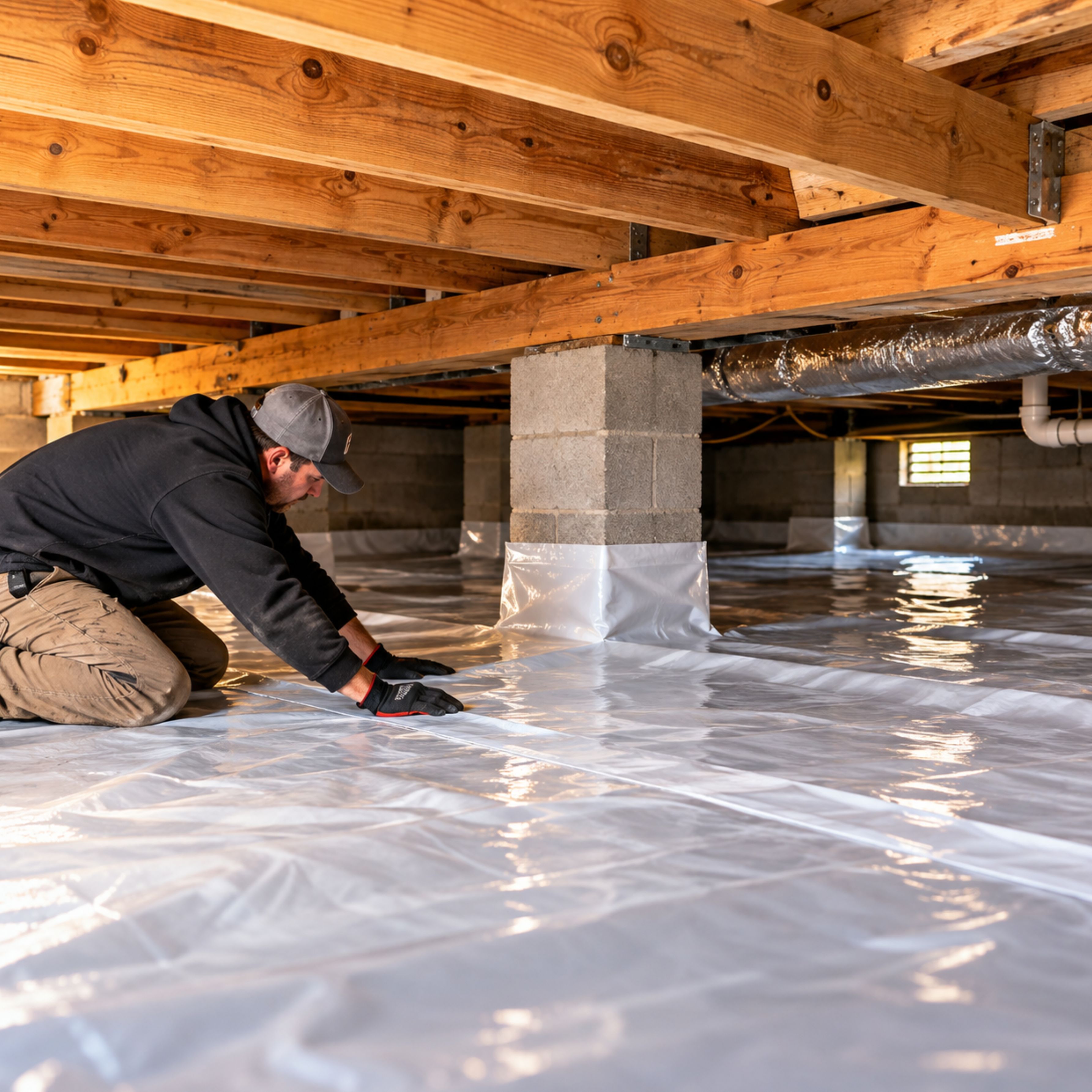 Residential crawl space with a vapor barrier installed for moisture control.