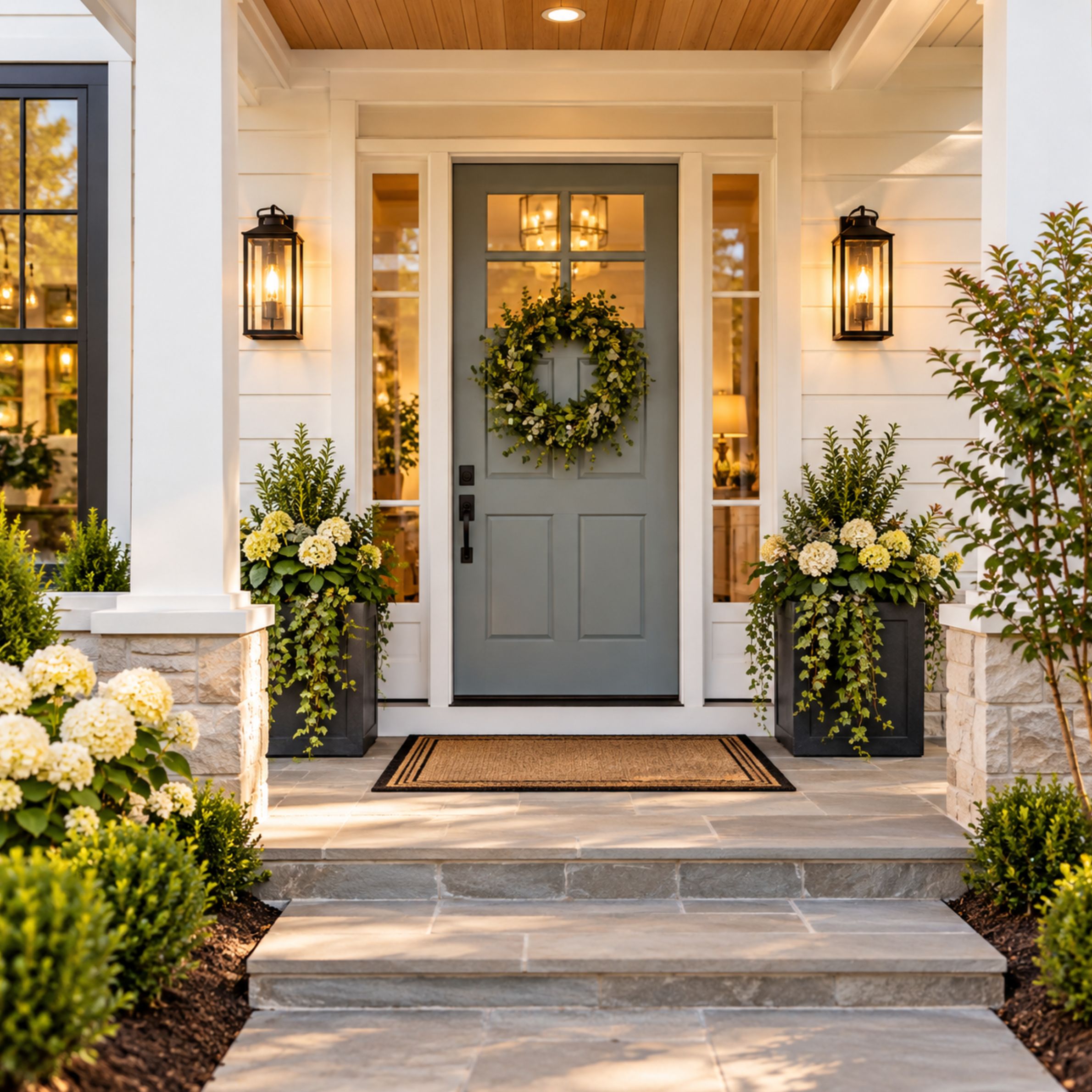 Well-maintained home entrance with a painted front door, planters, and tidy walkway.