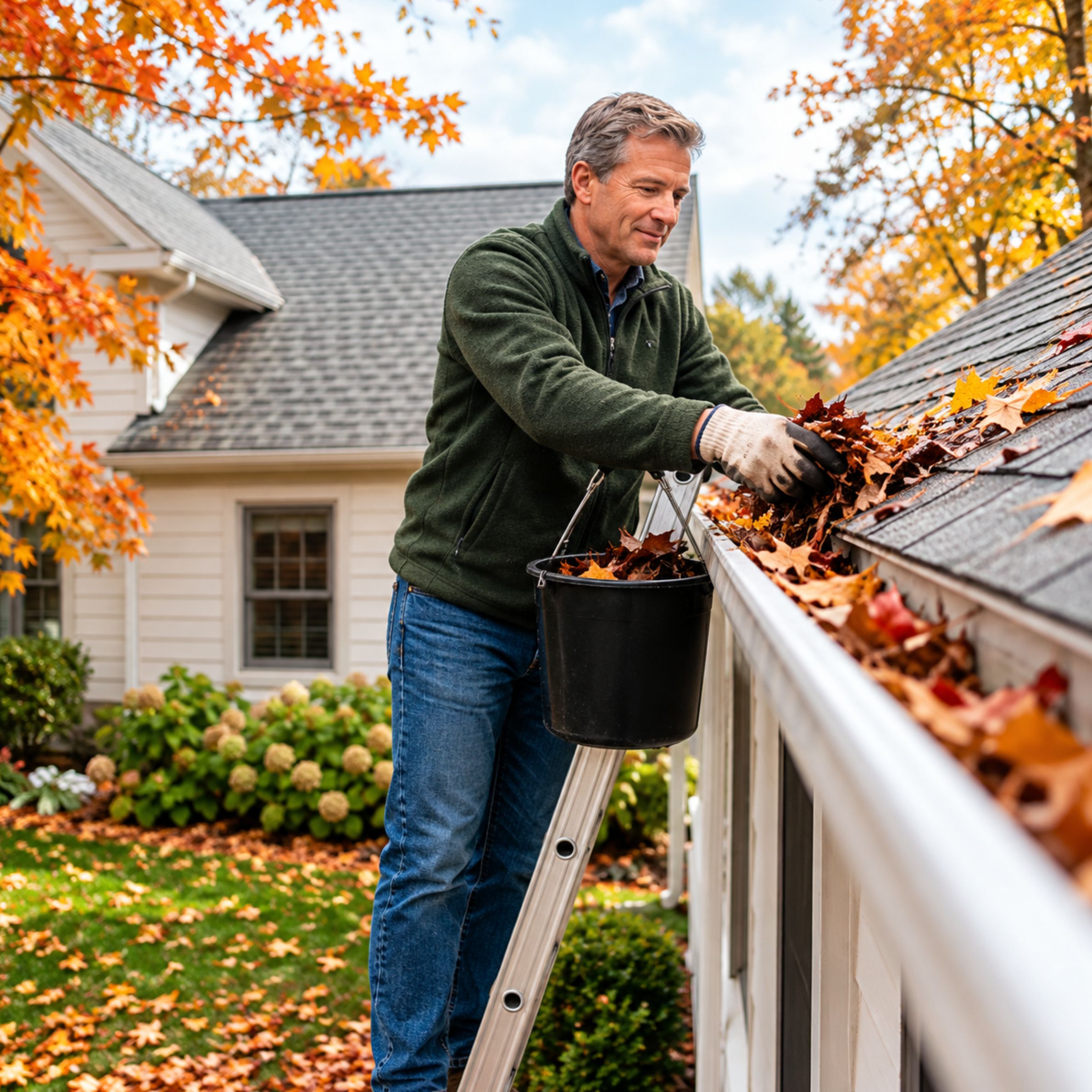 Leaves being removed from a home's rain gutter to improve drainage