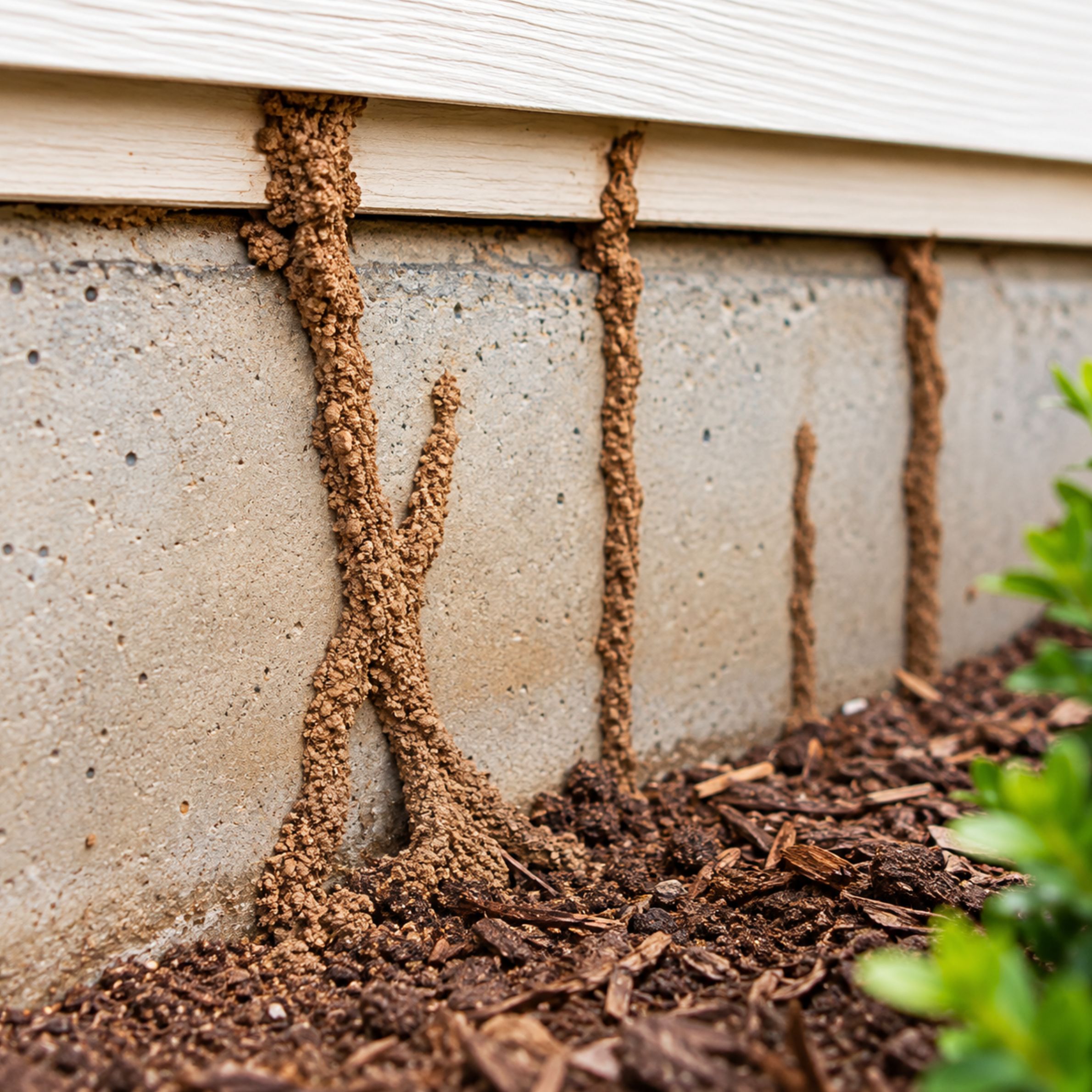 Termite shelter tube along a residential foundation