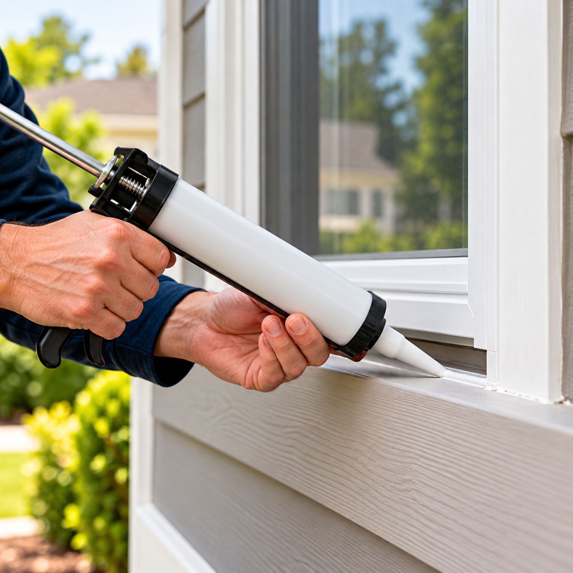 Homeowner sealing a gap around an exterior window frame