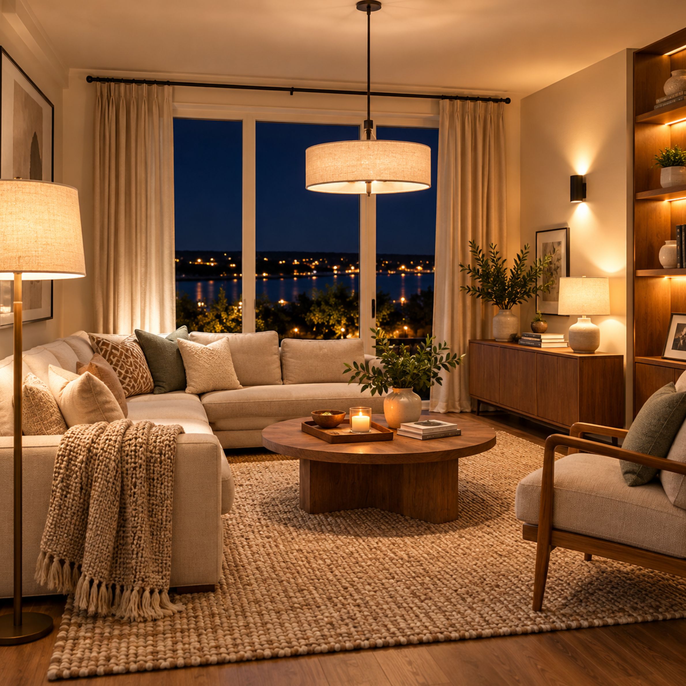 Living room with layered lighting from table and floor lamps.