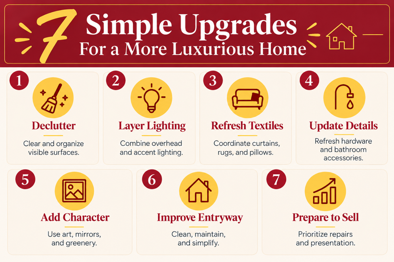 Seven home improvement ideas covering decluttering, lighting, textiles, fixtures, décor, curb appeal, and selling preparation