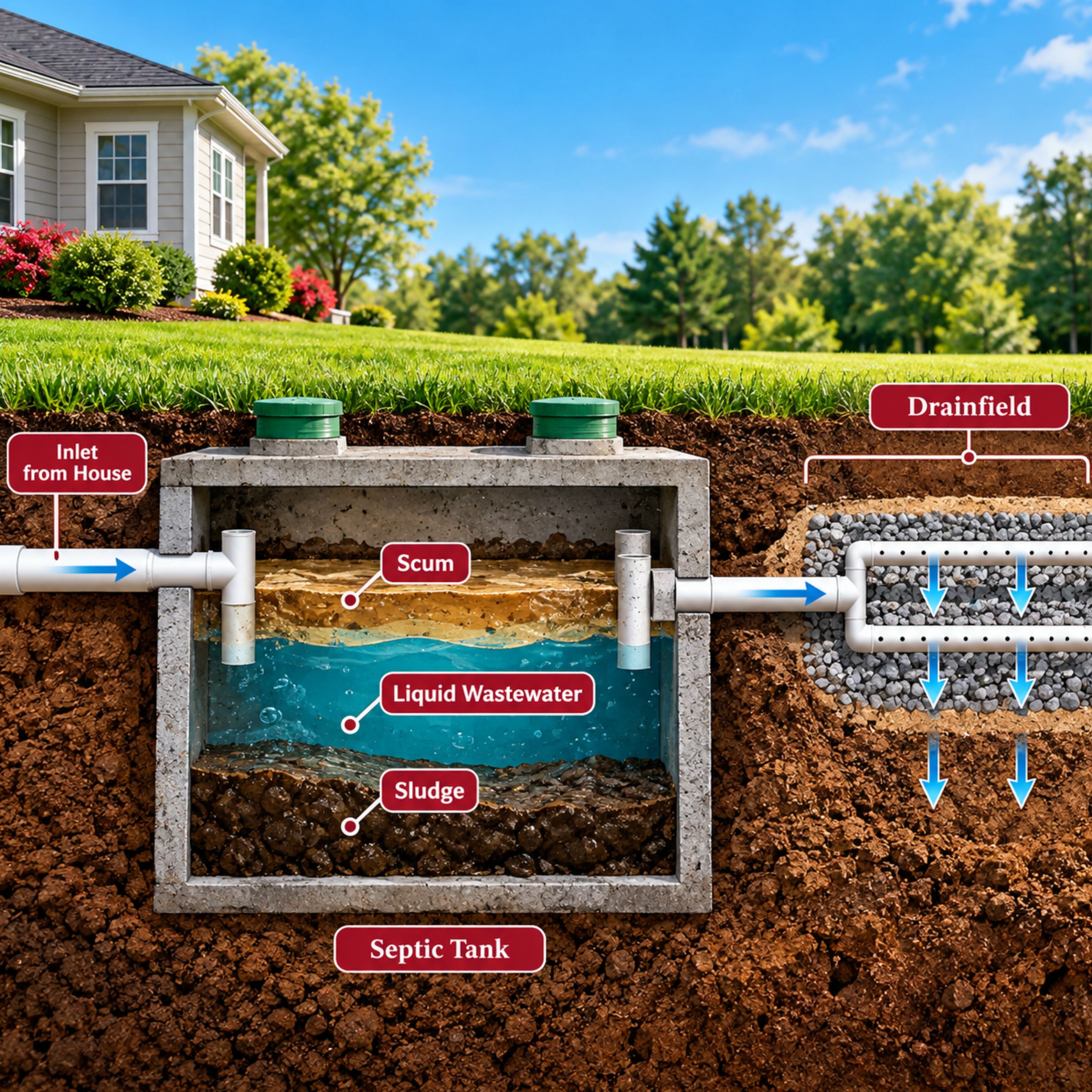 Illustration showing septic tank sludge, scum, liquid wastewater, and drainfield