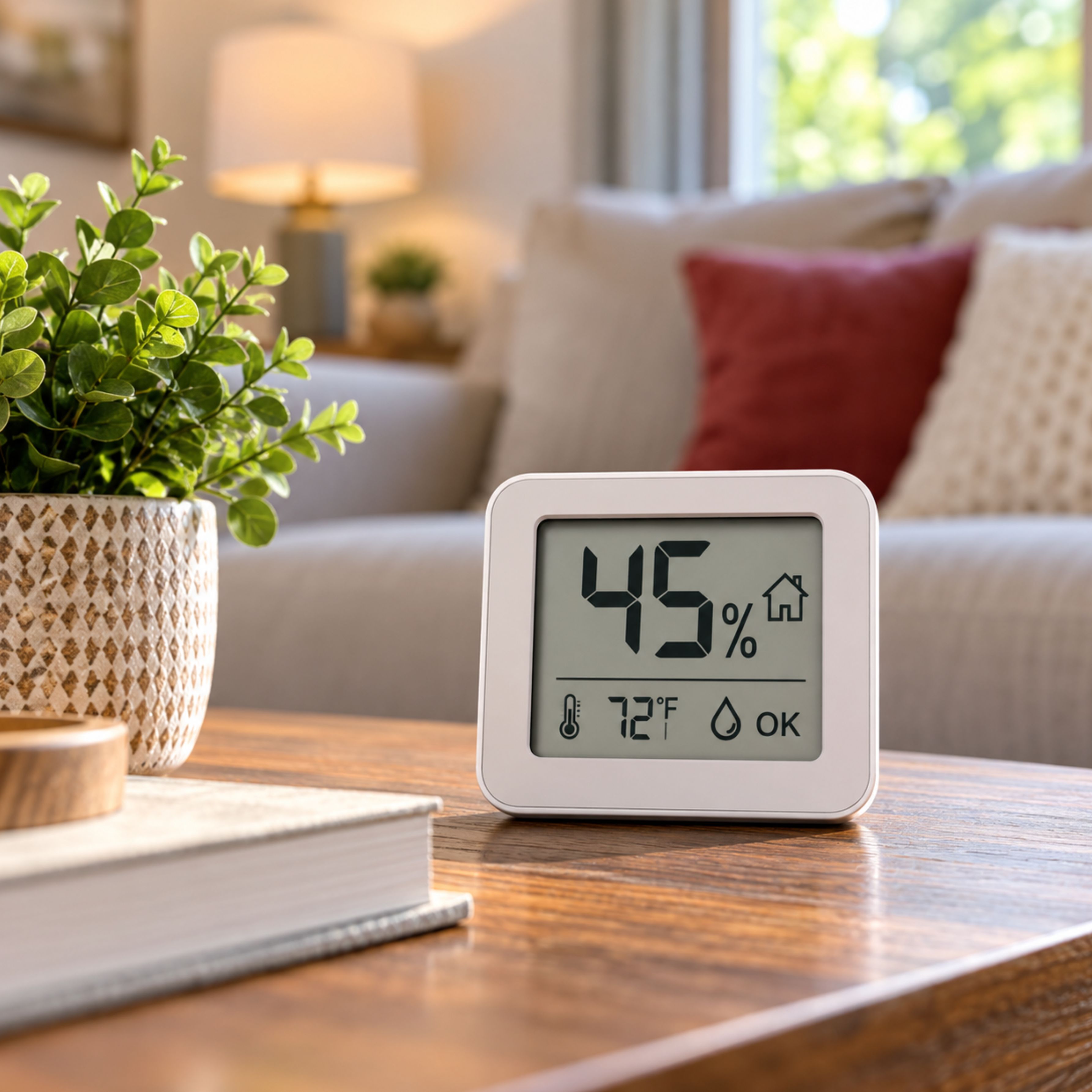 Digital hygrometer measuring indoor relative humidity in a living room.