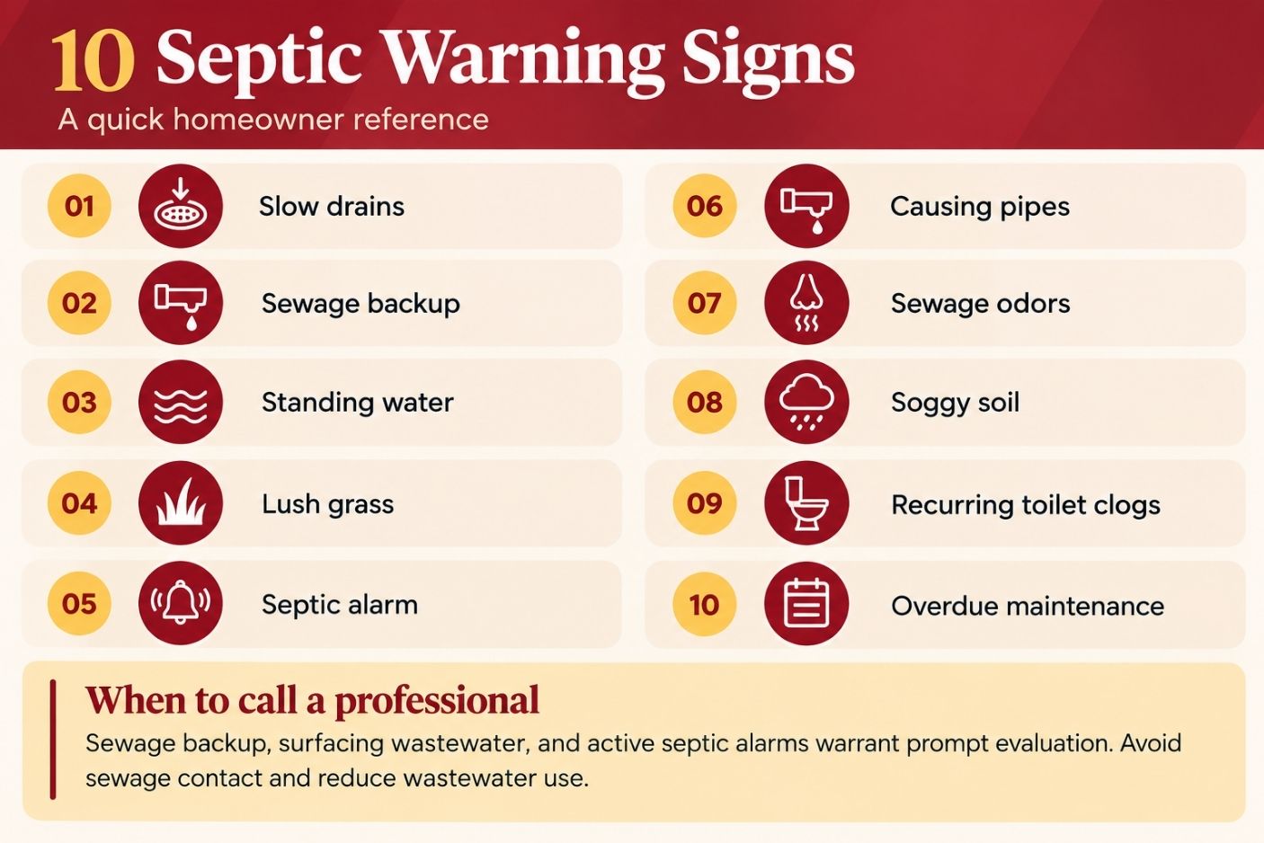 Infographic listing 10 possible septic system warning signs and when to seek professional help