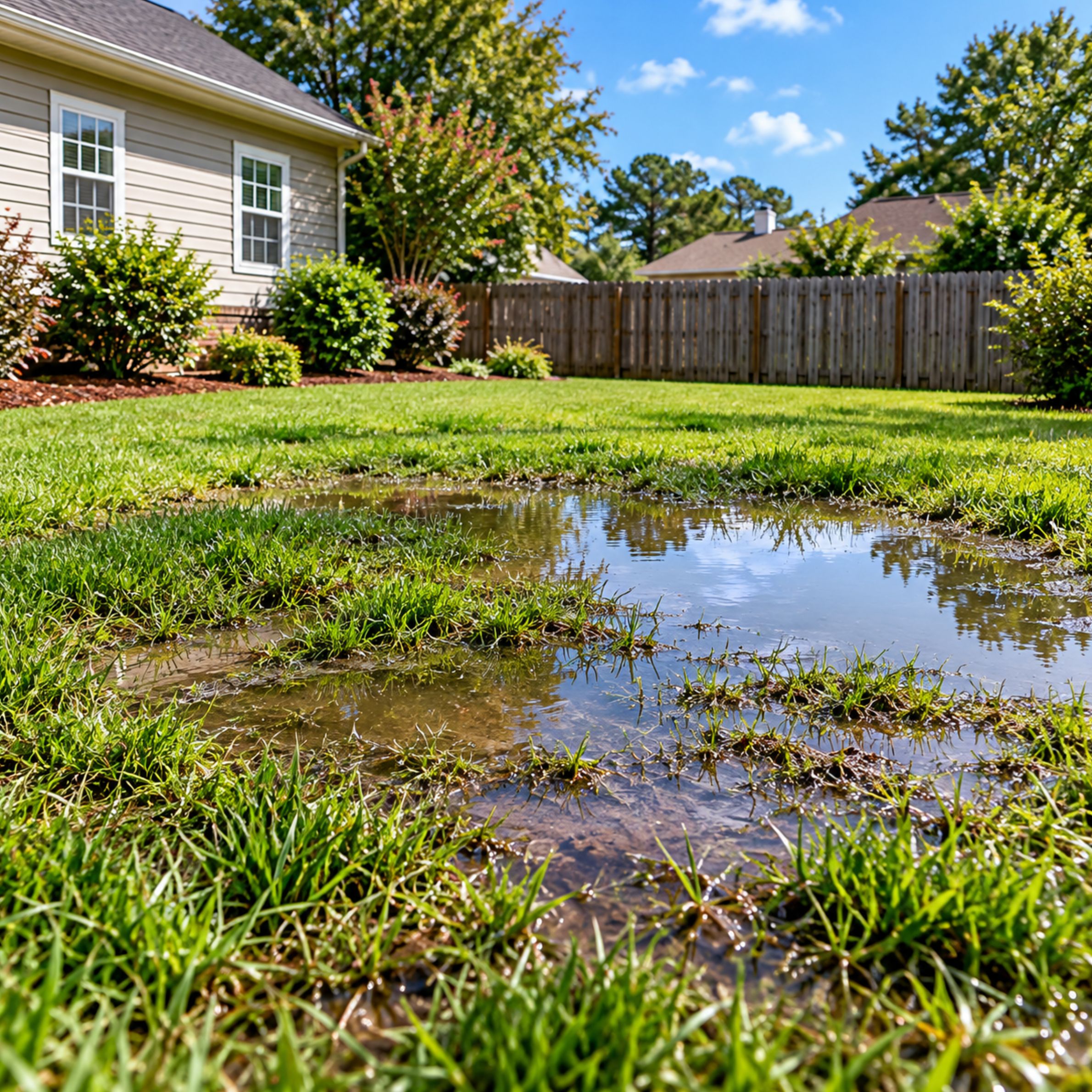 Standing water and saturated grass in a residential yard