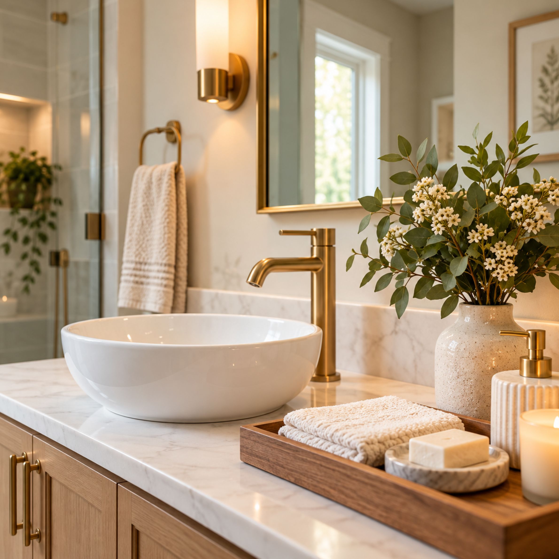 Bathroom vanity styled with fresh towels, greenery, and coordinated accessories