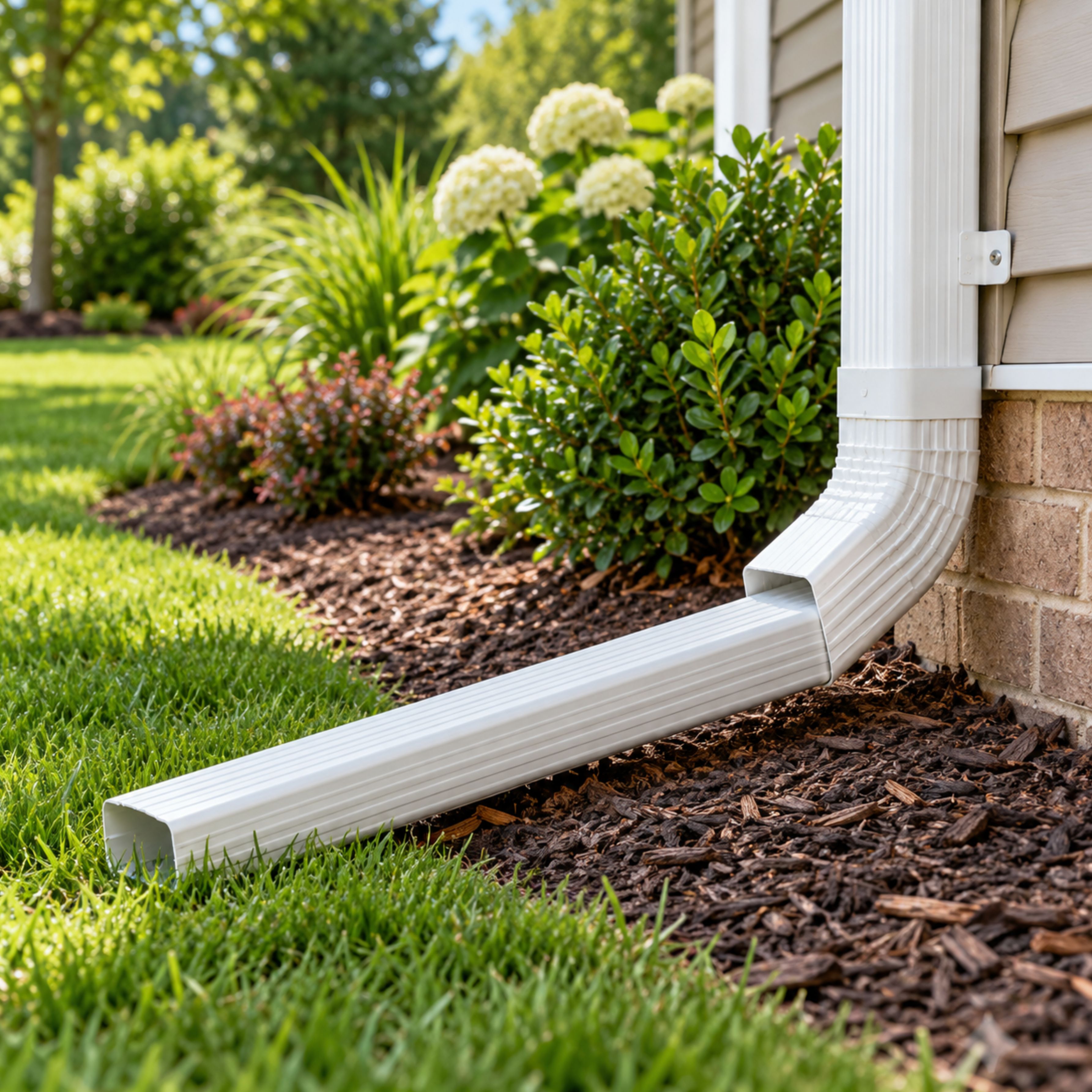 Home downspout directing rainwater away from the foundation.