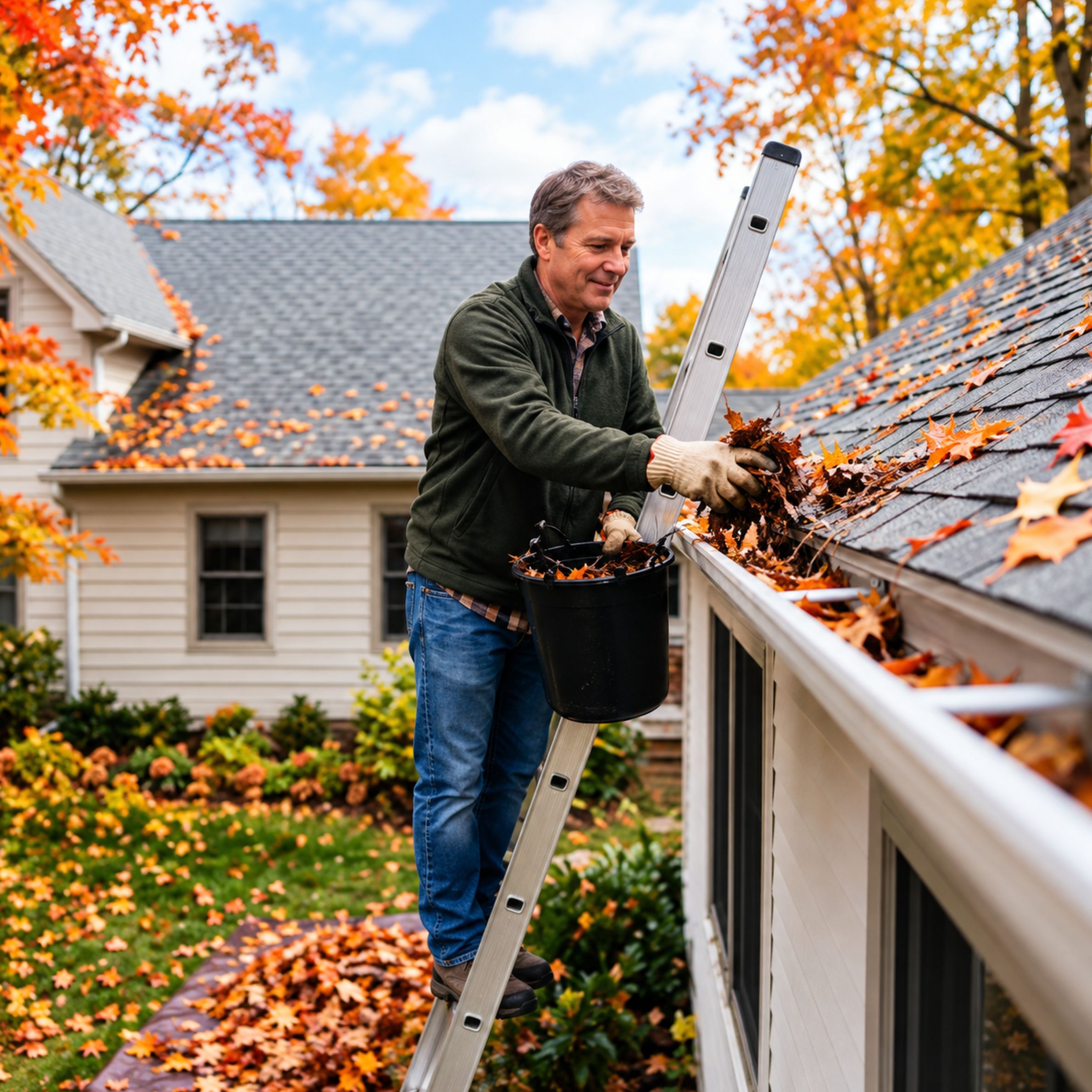 Seasonal exterior home maintenance during autumn.