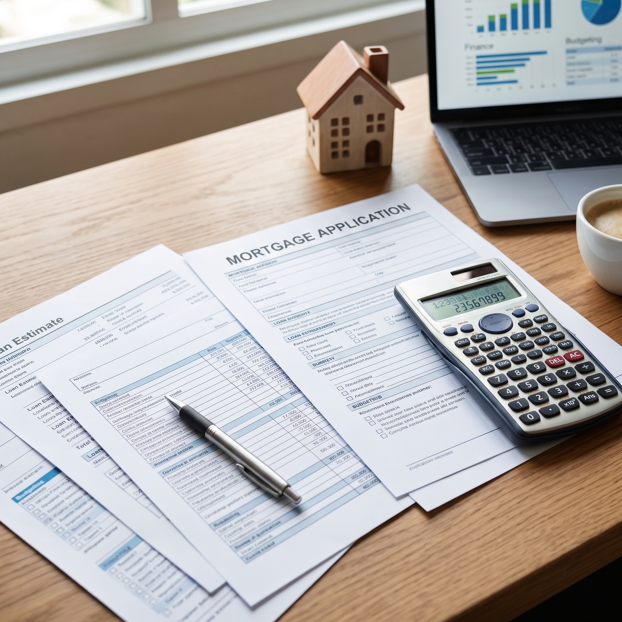 Mortgage paperwork and calculator used to plan a home purchase