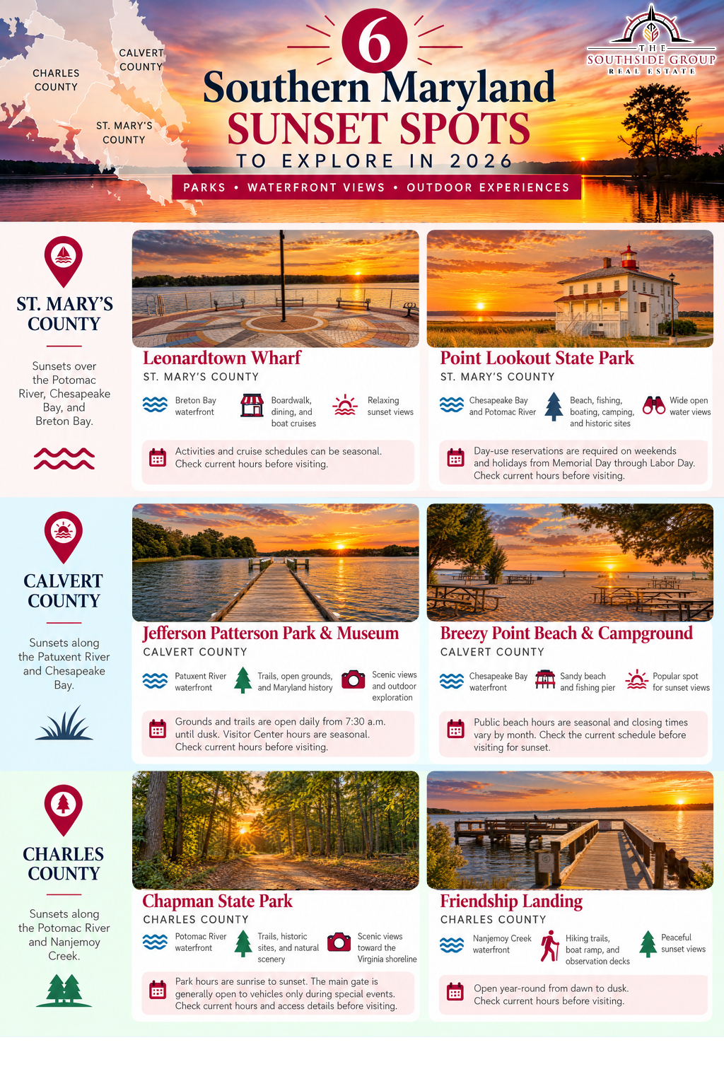 Guide to six waterfront sunset locations across St. Mary’s, Calvert, and Charles counties.