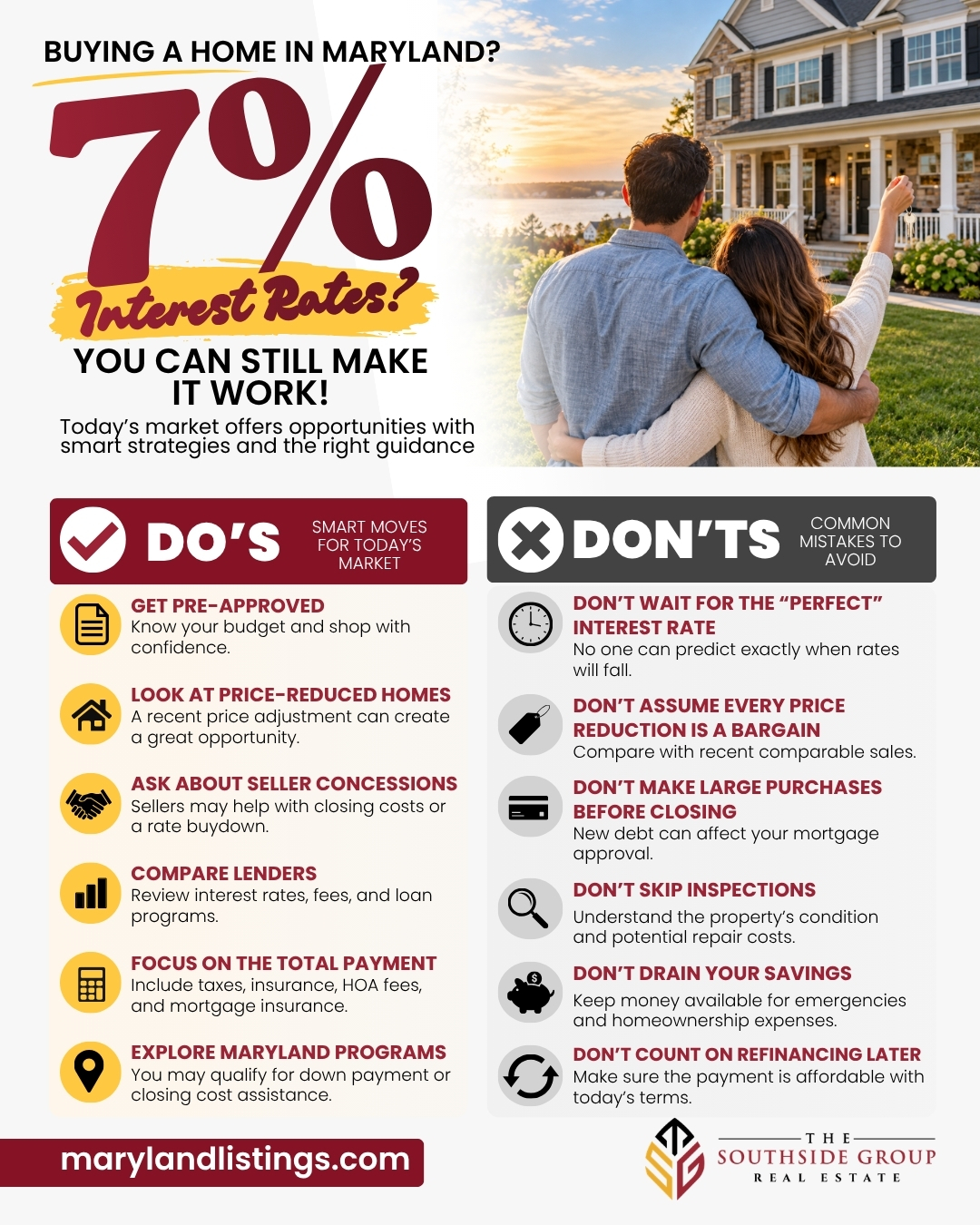 Maryland homebuying infographic with tips for buying a home at 7% mortgage rates, including pre-approval, seller concessions, lender comparisons, and common mistakes to avoid.