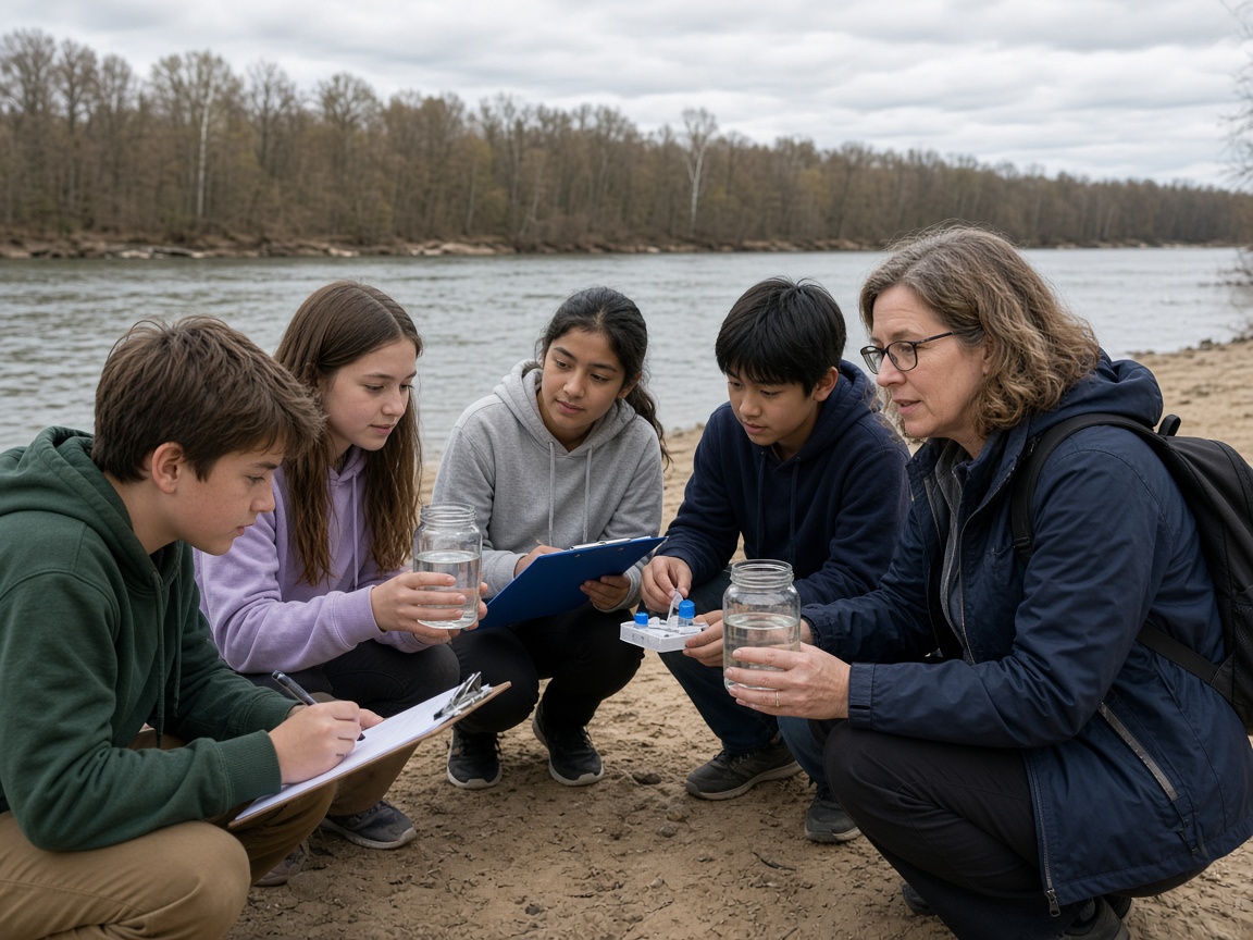 Students with a teacher testing water samples on a river shoreline during an outdoor science lesson in Calvert County, Maryland