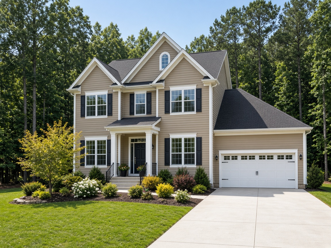 Two story colonial home with a two car garage and landscaped yard in a Prince Frederick, Maryland subdivision