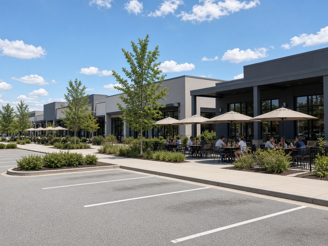 Shopping center storefronts and patio dining near Brandywine, Maryland