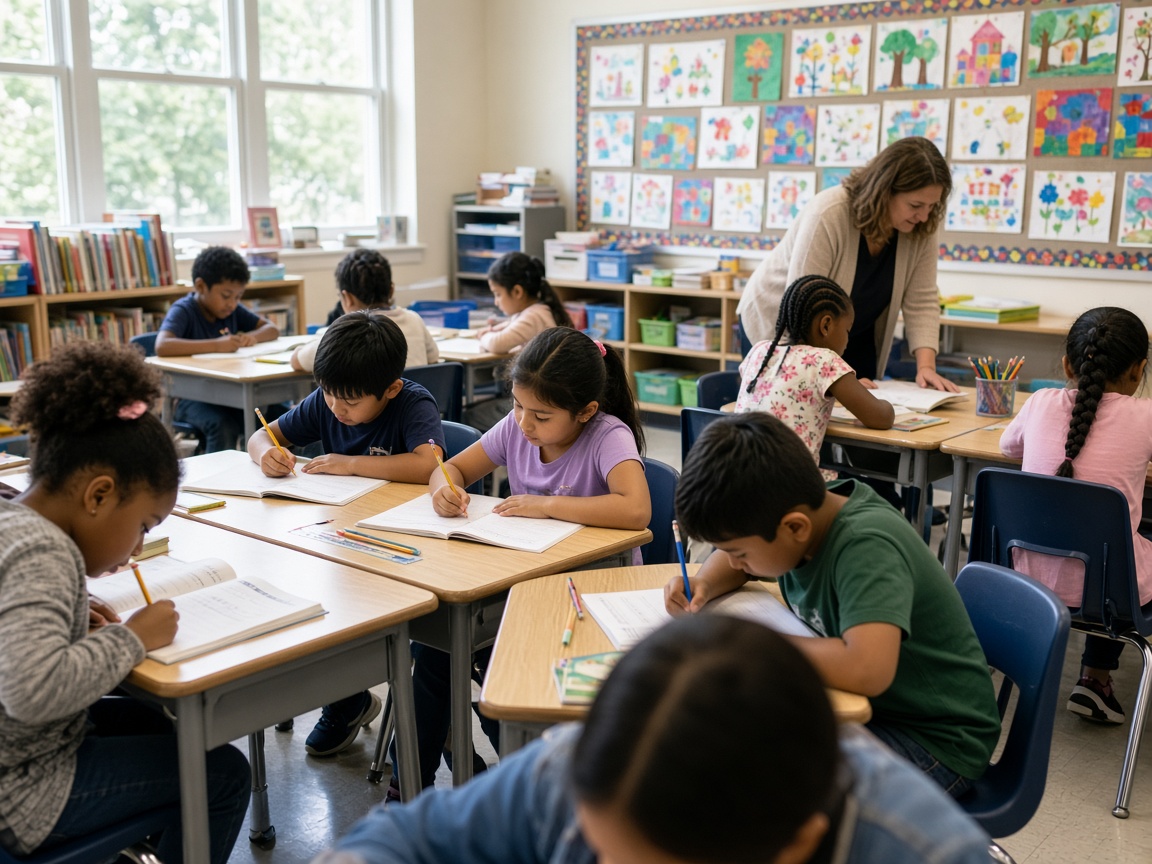 Students working at desks in an elementary classroom in Anne Arundel County, Maryland