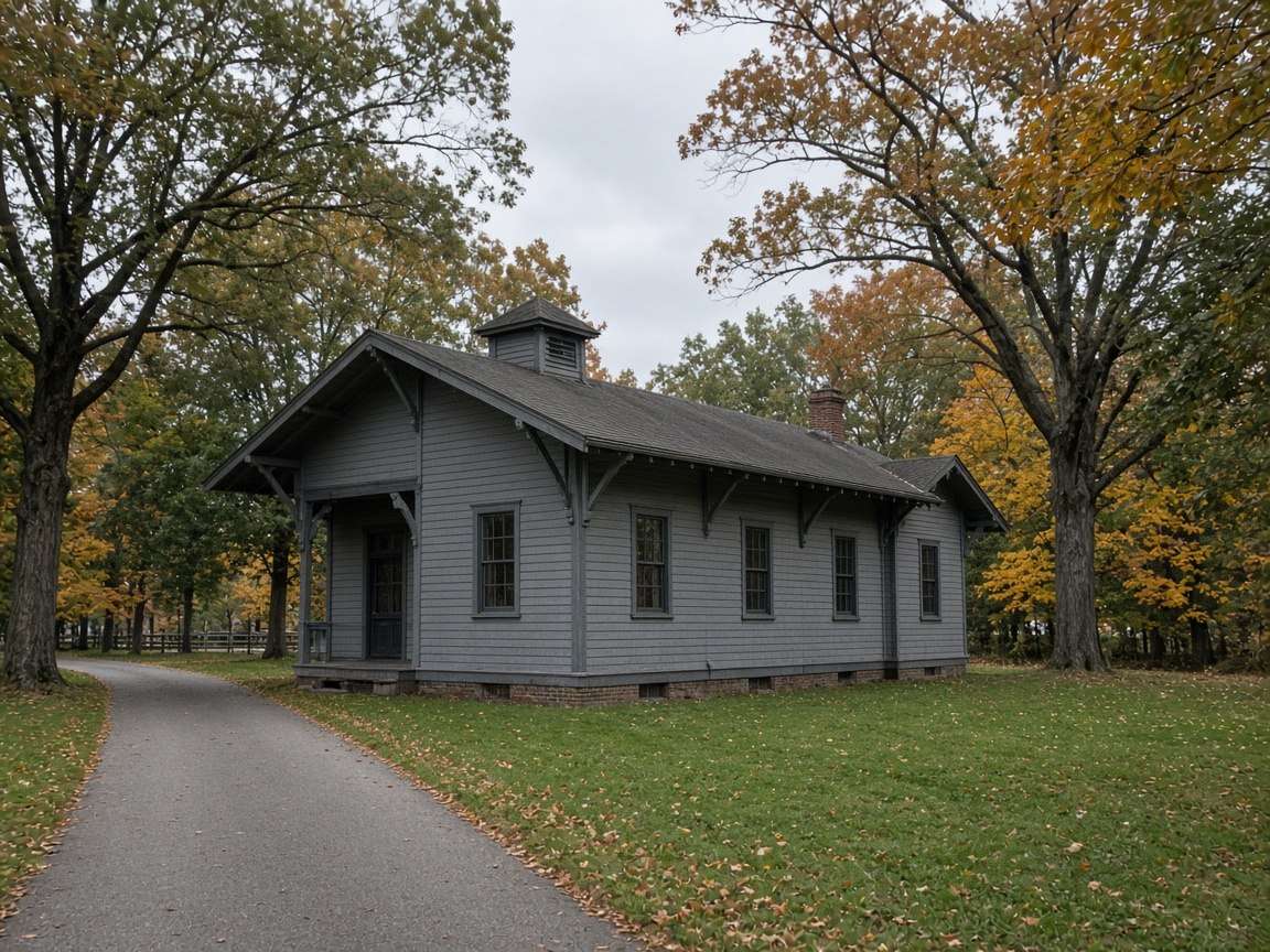 Restored gray wooden train station surrounded by fall trees in La Plata, Maryland
