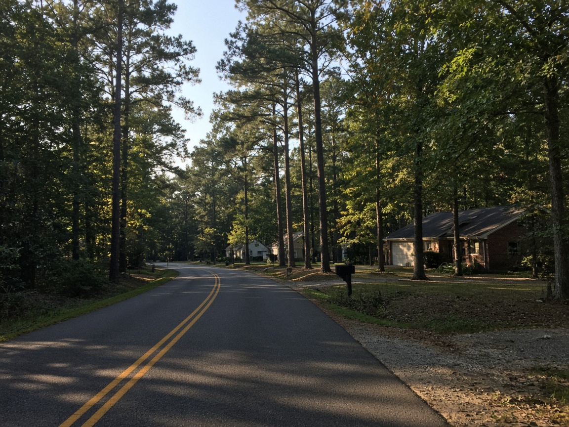 Tree lined two lane road with homes on wooded lots in Bryans Road, Maryland