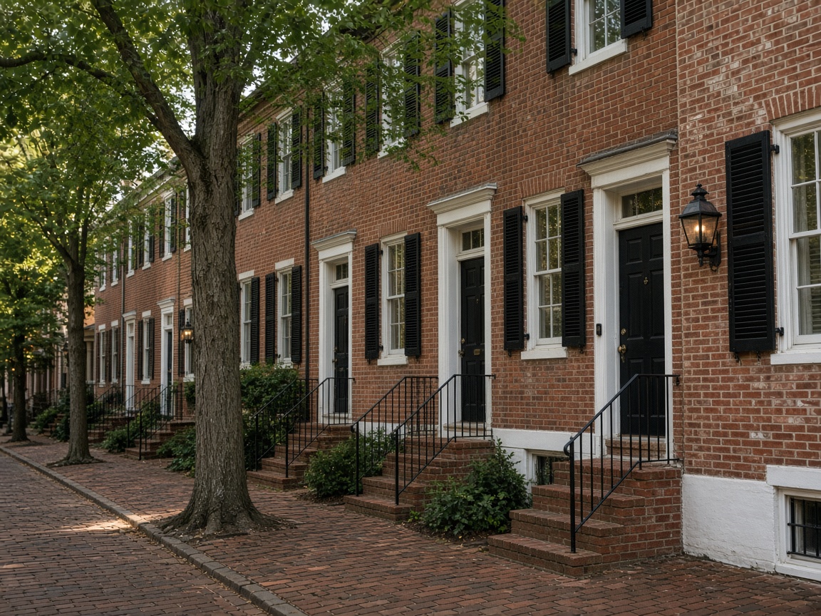 Colonial brick rowhouses on a historic street in Annapolis, Maryland