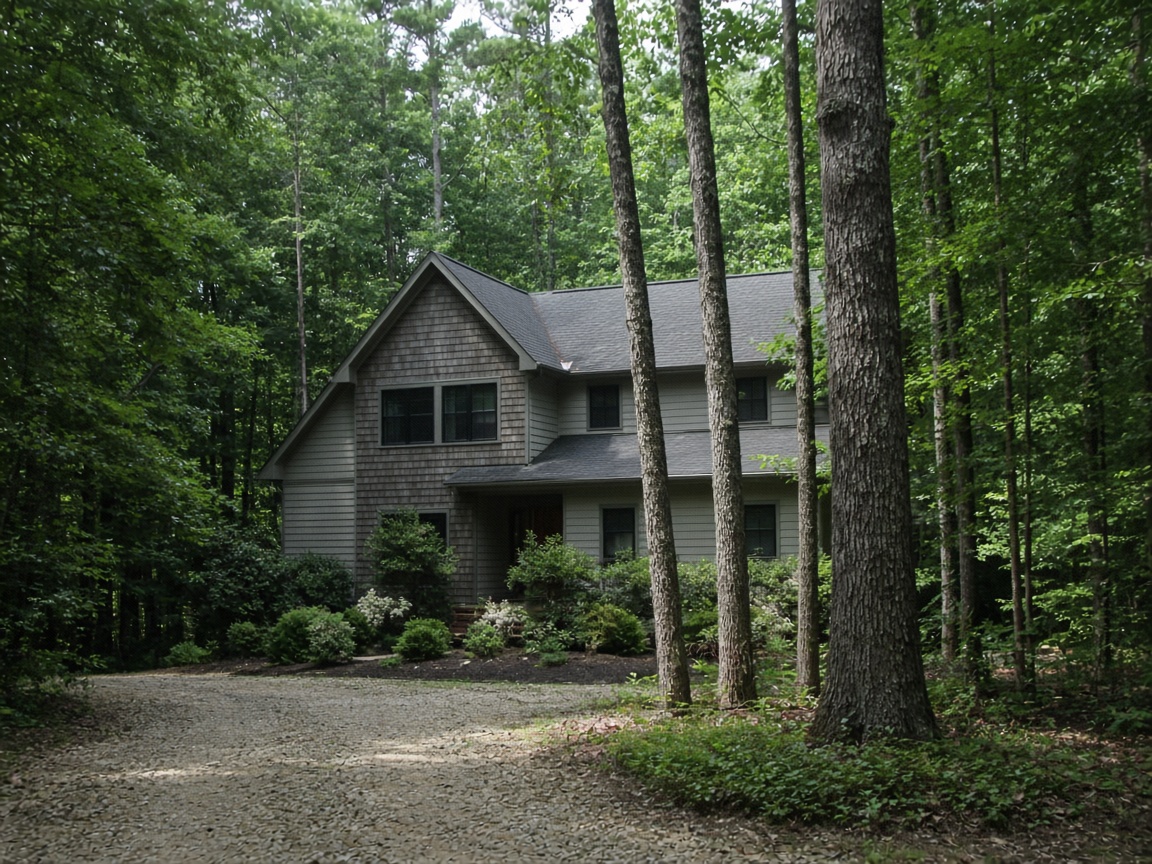 Two story home with cedar shake siding on a heavily wooded lot in Saint Leonard, Maryland