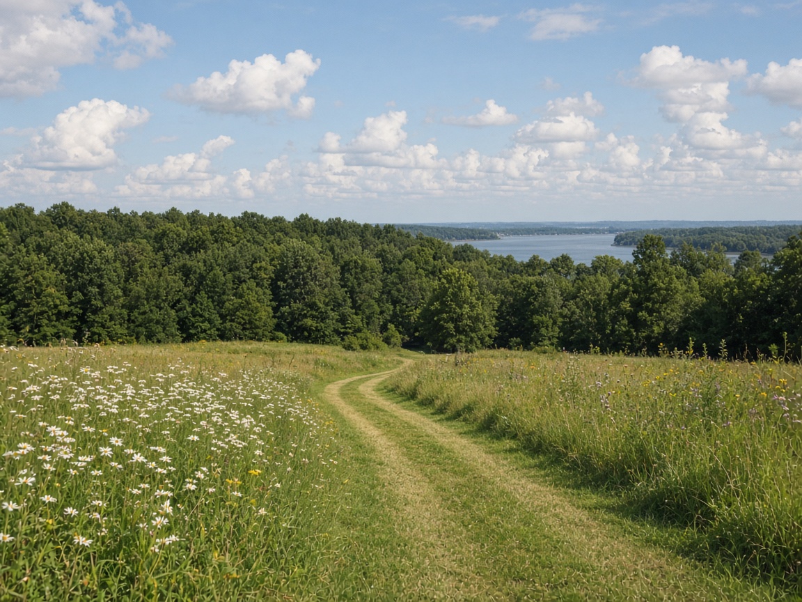 Mown path through a wildflower meadow toward woods and the Patuxent River in Saint Leonard, Maryland