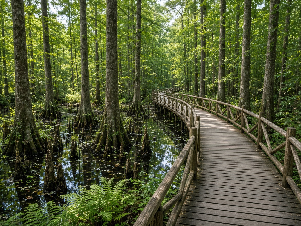 Wooden boardwalk winding through a swamp of tall bald cypress trees and knees near Prince Frederick, Maryland