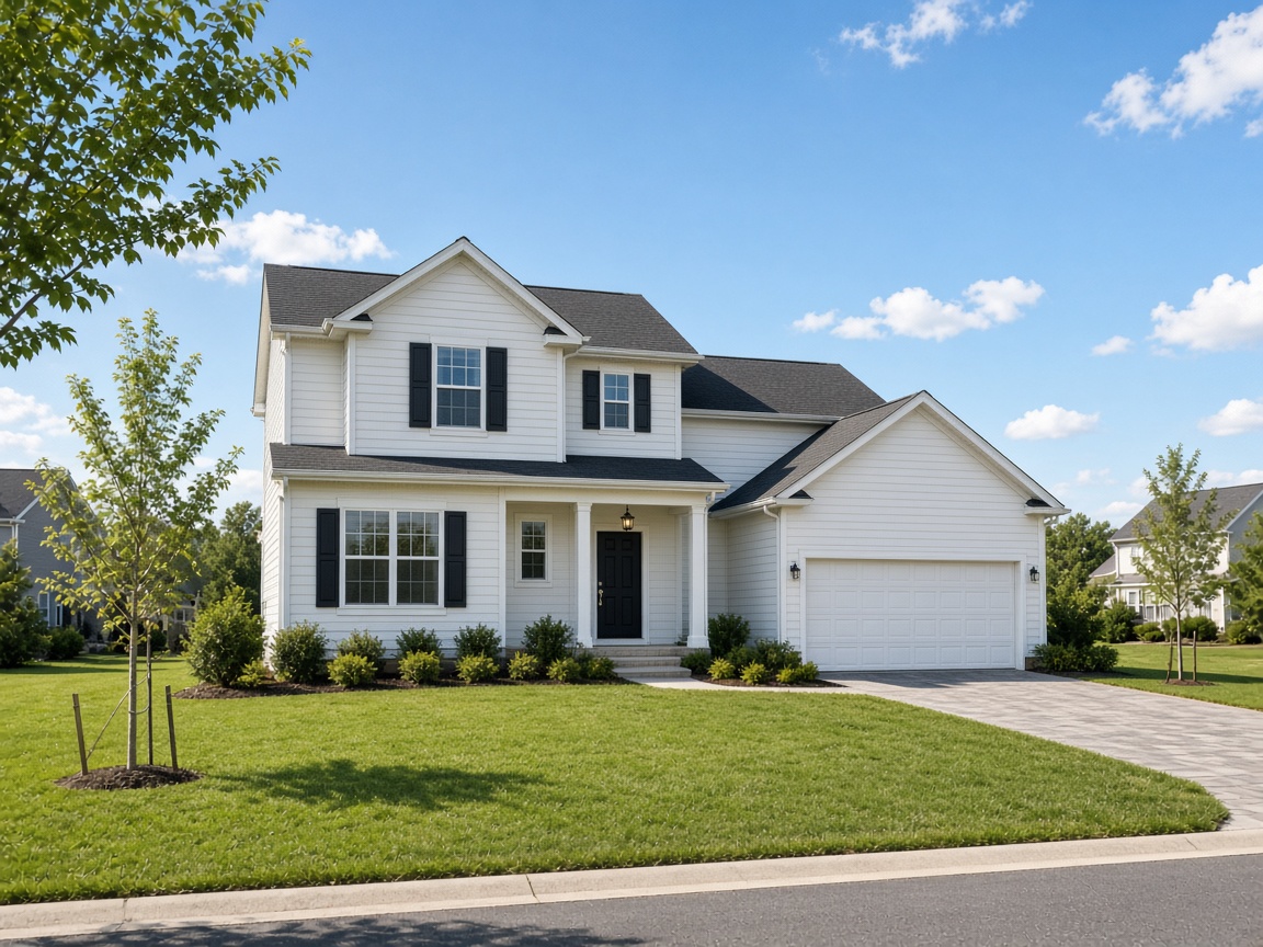 Two story white colonial with black shutters and a two car garage in a Great Mills, Maryland subdivision