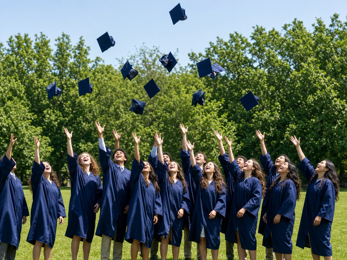High school graduates in caps and gowns tossing their caps on a sunny day in St. Mary's County, Maryland