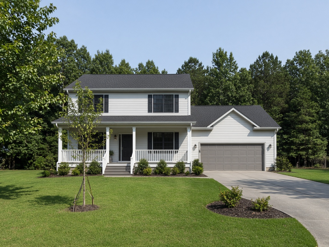 Two story colonial with a front porch and two car garage backed by woods in Bryans Road, Maryland
