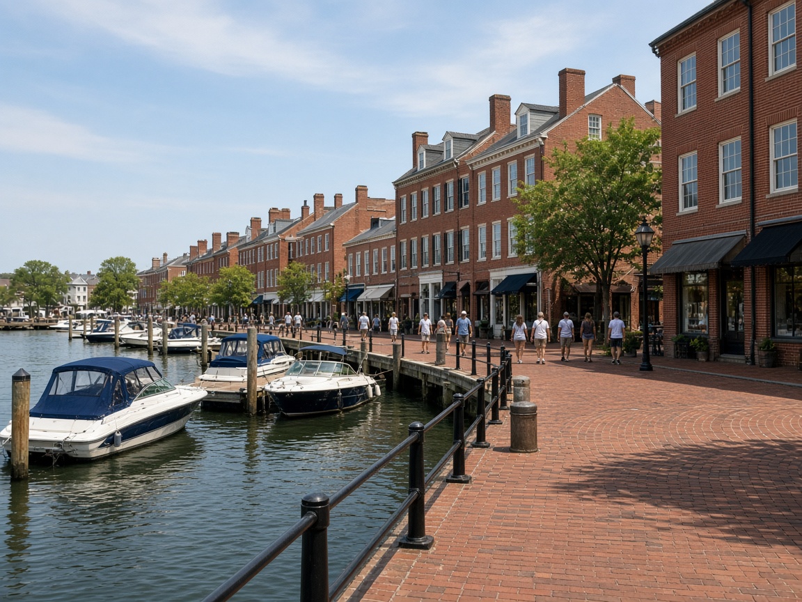 Brick storefronts and boats at City Dock in downtown Annapolis, Maryland