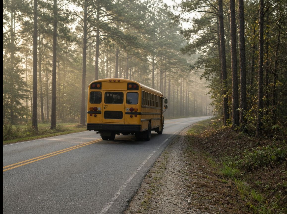 School bus on a wooded road in Lusby, Maryland