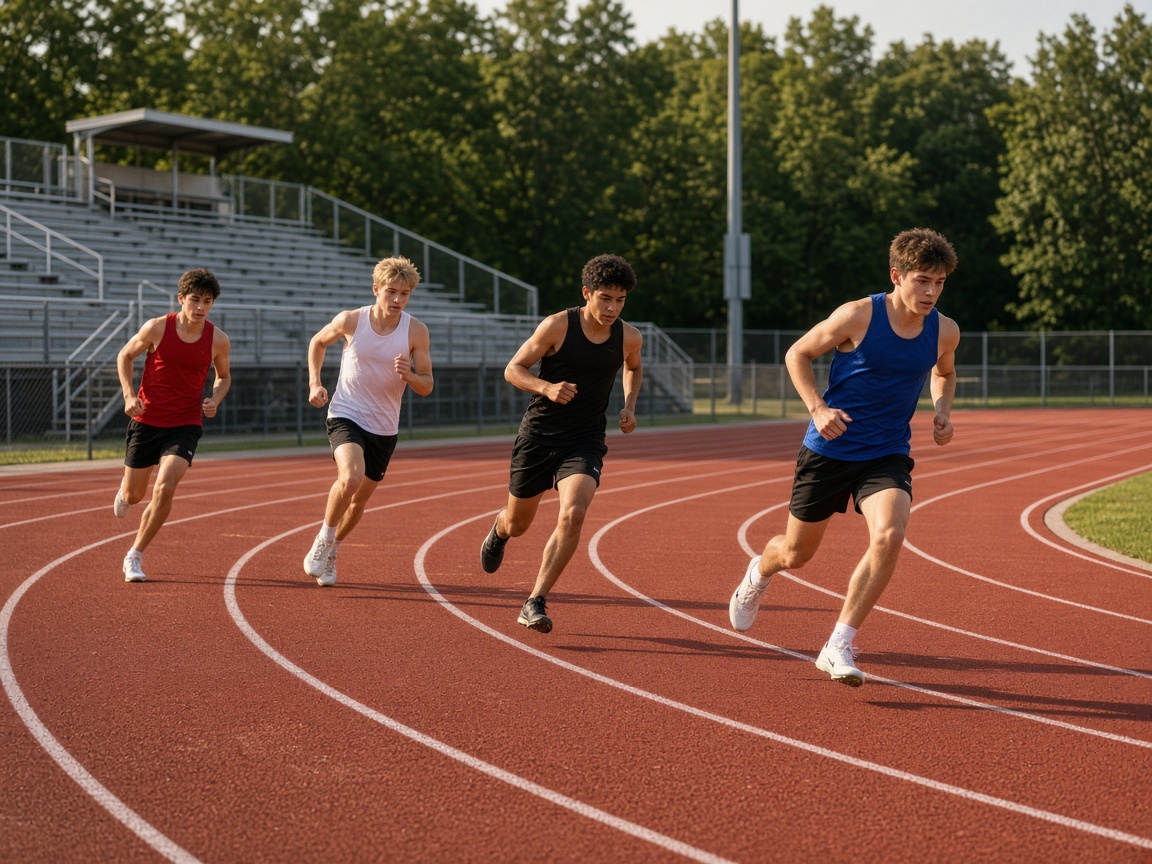 High school runners racing on an outdoor track on a sunny afternoon in Calvert County, Maryland