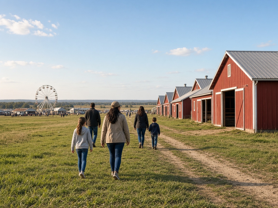 Families walking past livestock barns and a ferris wheel at a county fair in Calvert County, Maryland