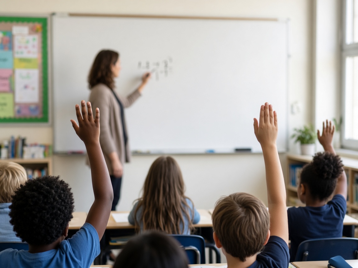 Students raising their hands as a teacher writes on a whiteboard in a Calvert County, Maryland classroom