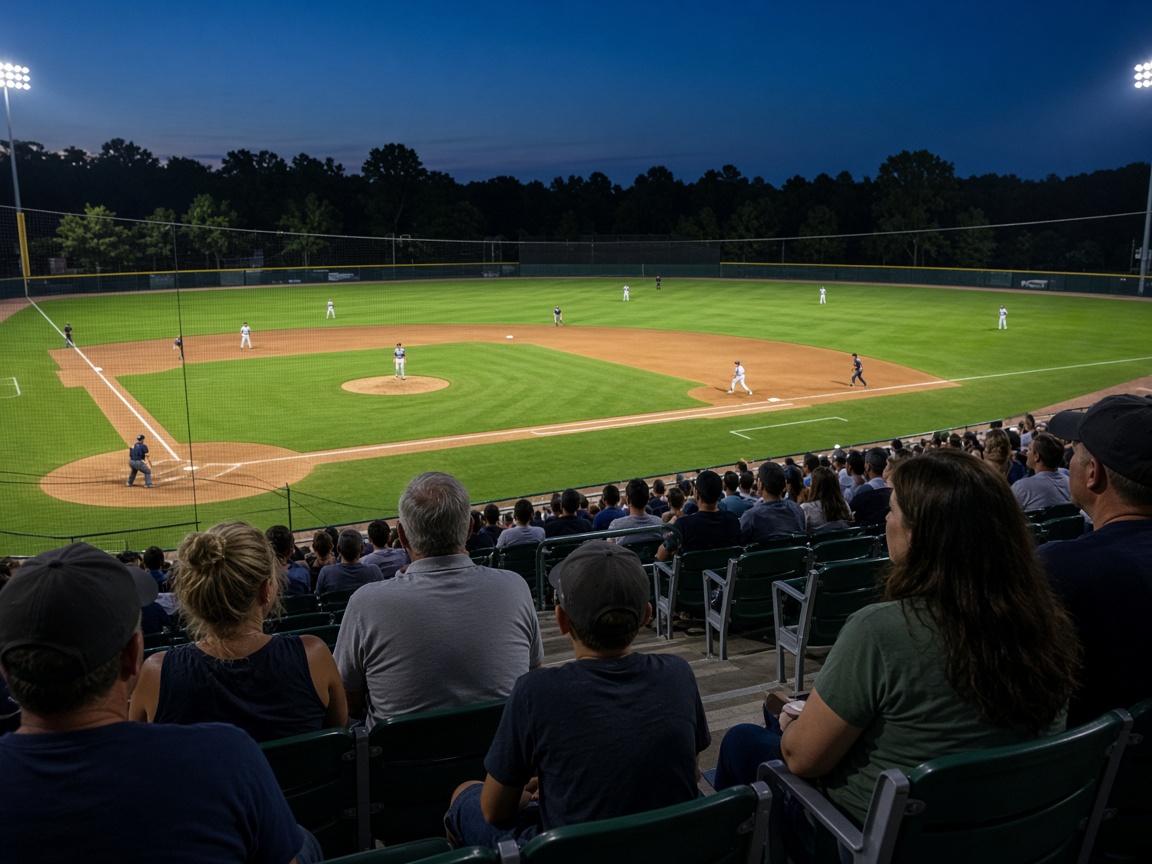 Fans watching a minor league baseball game under stadium lights on a summer evening in Bowie, Maryland