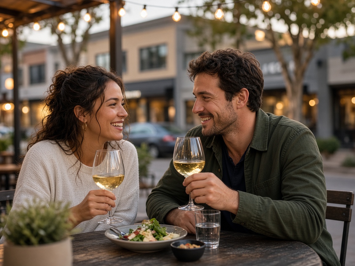 Couple sharing a meal on a restaurant patio under string lights in Prince Frederick, Maryland