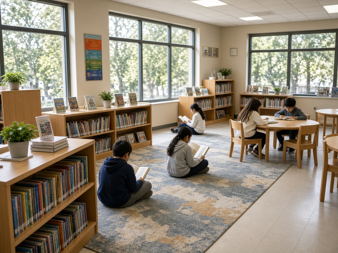 Children reading in a bright elementary school library in Charles County, Maryland
