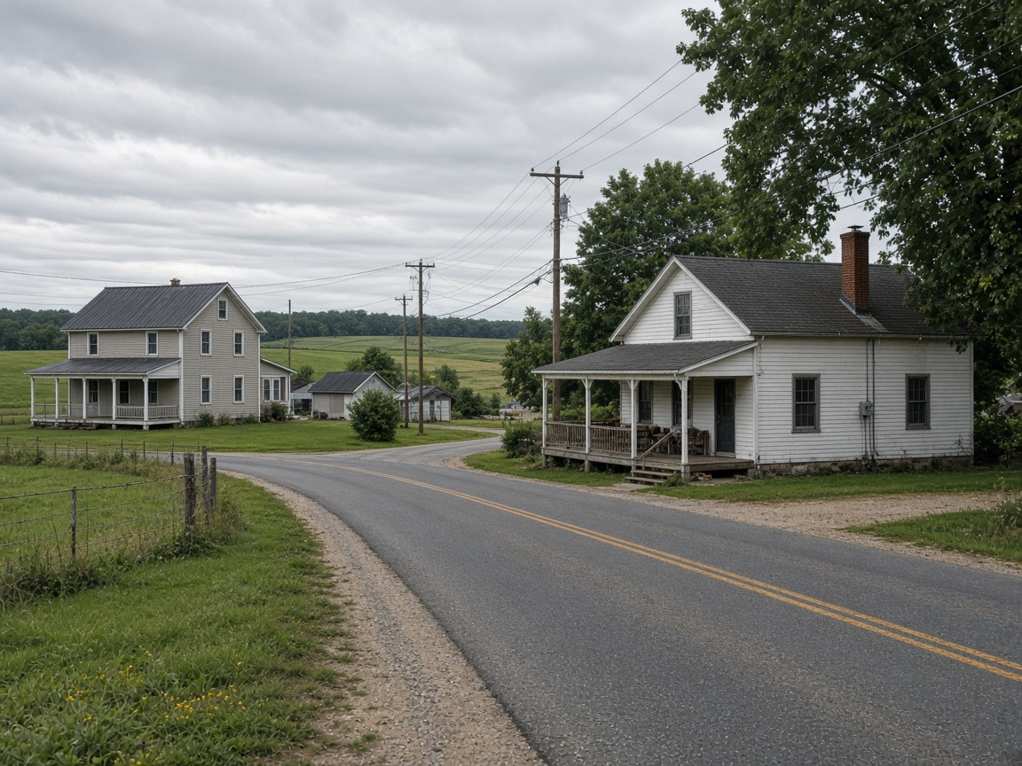 Older frame homes along a rural two lane road in Hughesville, Maryland