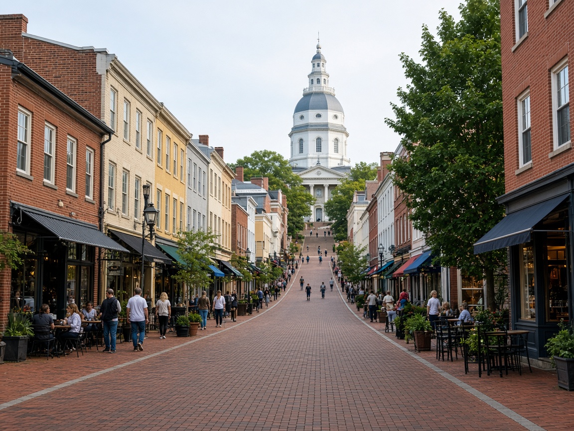 Shops and outdoor dining on Main Street in Annapolis, Maryland