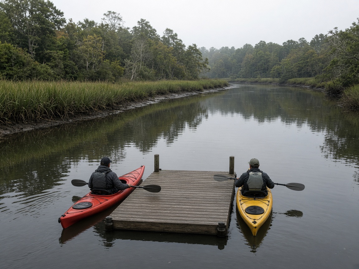 Two kayakers beside a small wooden floating dock on a quiet tidal creek lined with marsh and trees near Leonardtown, Maryland